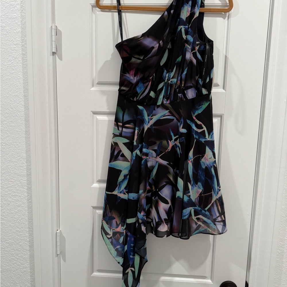 Marciano Asymmetrical One-Shoulder Dress - Black and Blue Floral